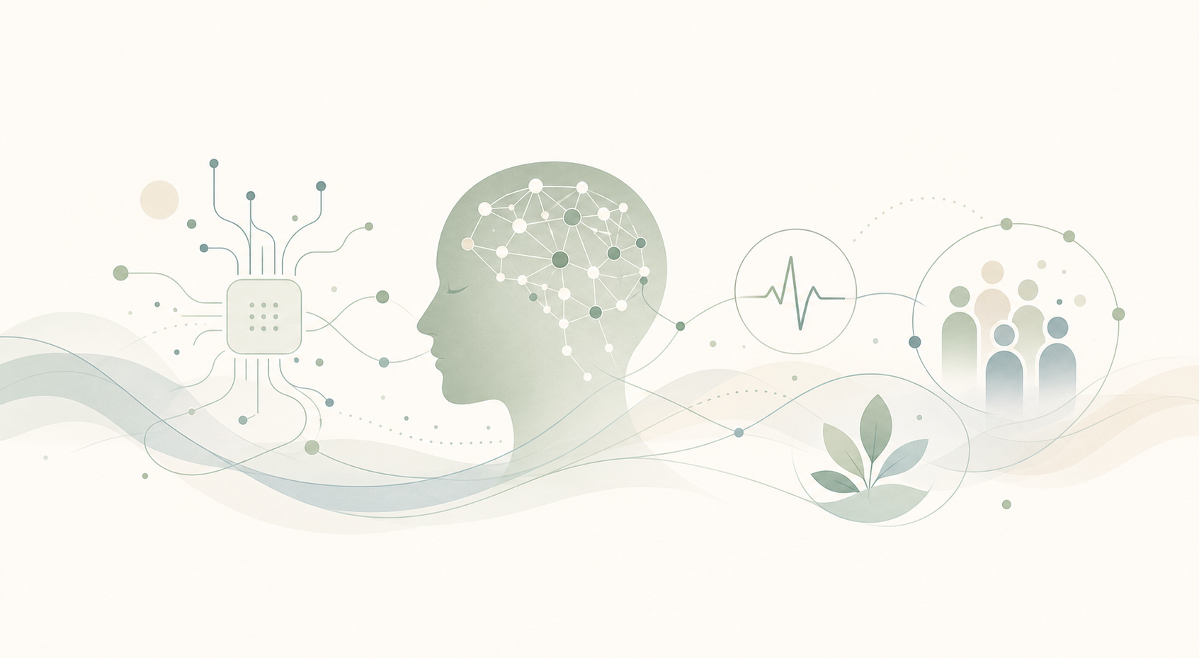 Conceptual illustration of AI, psychology, health, and social connection